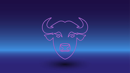 Neon buffalo head symbol on a gradient blue background. The isolated symbol is located in the bottom center. Gradient blue with light blue skyline