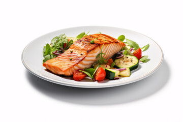 A roasted salmon steak and veggies view from above, set apart on a white surface.