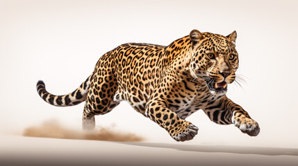 A spotted leopard (Panthera pardus) leaps, seen from the side, on a blank backdrop.