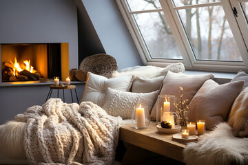 Cozy reading nook by fireplace. Bench with chunky knit blanket and pillows. Scandinavian farmhouse, hygge home interior design of modern living room in attic. Warm winter atmosphere with candles. - obrazy, fototapety, plakaty