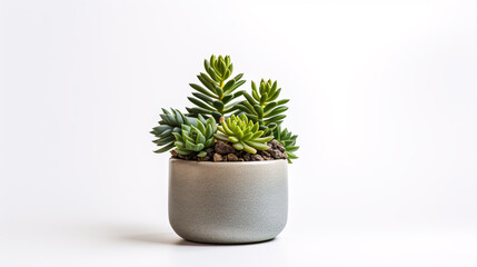 An isolated potted cacti or succulent plant is presented in a front view on a white canvas. - obrazy, fototapety, plakaty