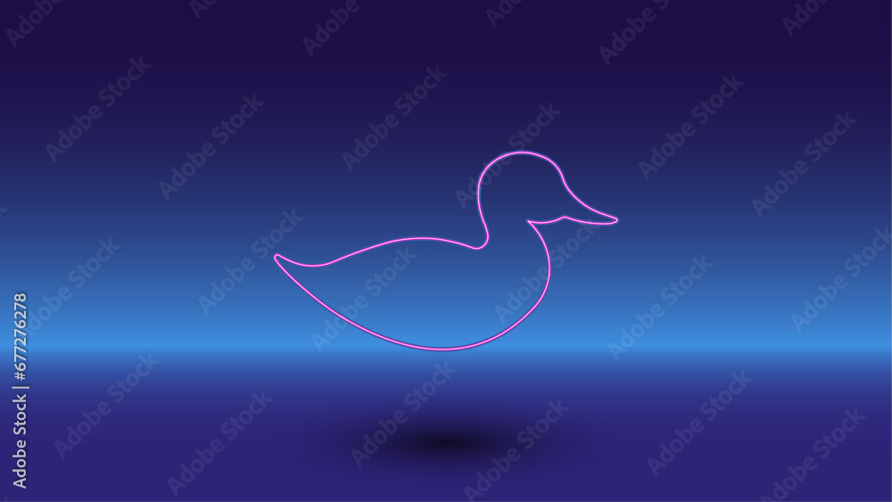 Poster neon duck symbol on a gradient blue background. the isolated symbol is located in the bottom center.