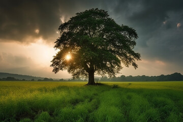 Fototapeta na wymiar Explore the artistic beauty of a lush green field, where nature's masterpiece unfolds with a solitary tree standing proudly in the middle. Ai generated