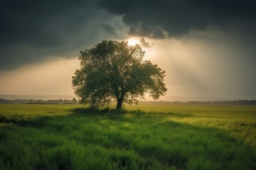 Fototapeta premium Explore the artistic beauty of a lush green field, where nature's masterpiece unfolds with a solitary tree standing proudly in the middle. Ai generated