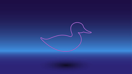 Neon duck symbol on a gradient blue background. The isolated symbol is located in the bottom center. Gradient blue with light blue skyline