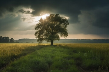 Fototapeta premium Explore the artistic beauty of a lush green field, where nature's masterpiece unfolds with a solitary tree standing proudly in the middle. Ai generated