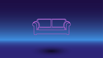 Neon sofa symbol on a gradient blue background. The isolated symbol is located in the bottom center. Gradient blue with light blue skyline