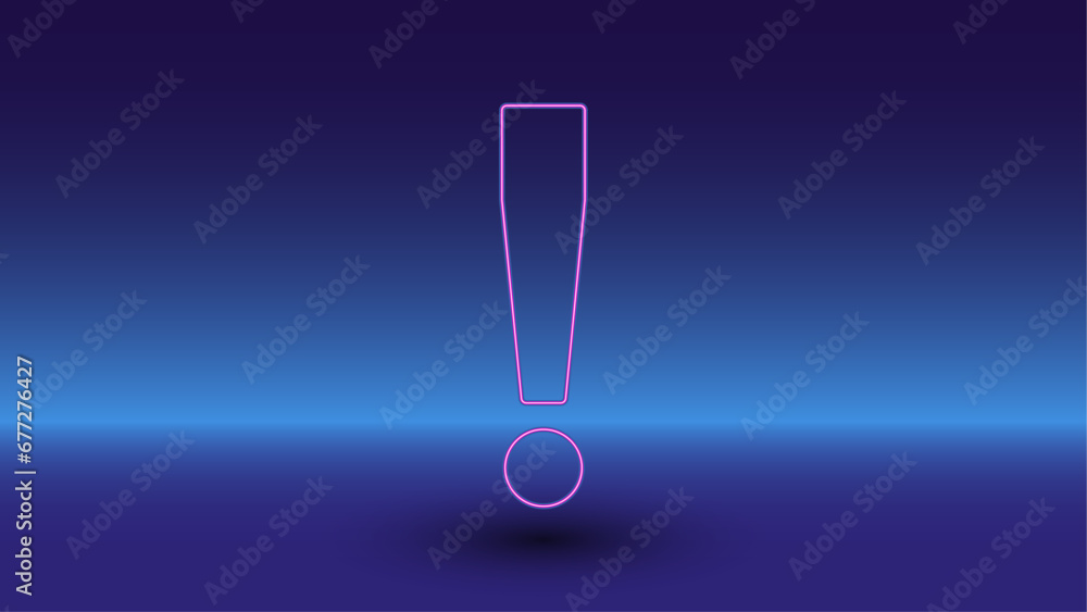 Poster neon exclamation symbol on a gradient blue background. the isolated symbol is located in the bottom 