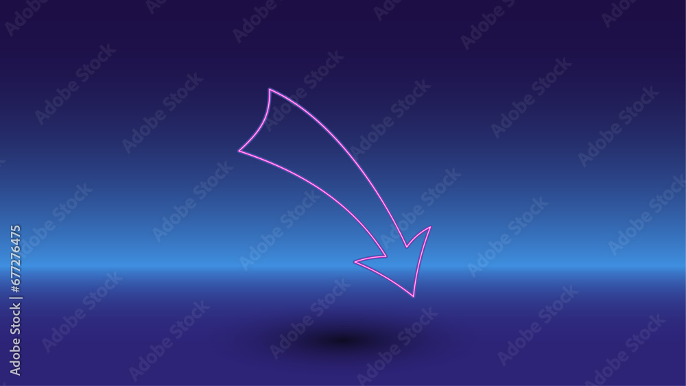 Poster neon down arrow symbol on a gradient blue background. the isolated symbol is located in the bottom c