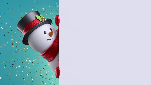 3d cartoon character. Cute snowman toy looks out the corner, holds white banner. Gold confetti falling. Happy New Year. Merry Christmas animated presentation with copy space. Winter holiday background