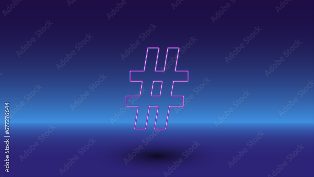 Poster neon hash symbol on a gradient blue background. the isolated symbol is located in the bottom center.