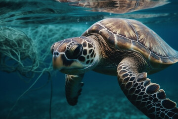 Fototapeta premium A sad moment depicting the suffering of a turtle caught in a fishing net, shedding light on the impact of human activities on marine life. Ai generated