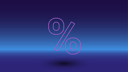 Neon percent symbol on a gradient blue background. The isolated symbol is located in the bottom center. Gradient blue with light blue skyline