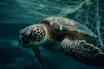 Fototapeta premium A sad moment depicting the suffering of a turtle caught in a fishing net, shedding light on the impact of human activities on marine life. Ai generated