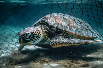 A sad moment depicting the suffering of a turtle caught in a fishing net, shedding light on the impact of human activities on marine life. Ai generated