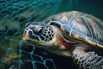 Fototapeta premium A sad moment depicting the suffering of a turtle caught in a fishing net, shedding light on the impact of human activities on marine life. Ai generated