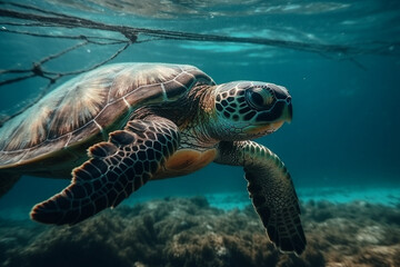 Obraz premium A sad moment depicting the suffering of a turtle caught in a fishing net, shedding light on the impact of human activities on marine life. Ai generated