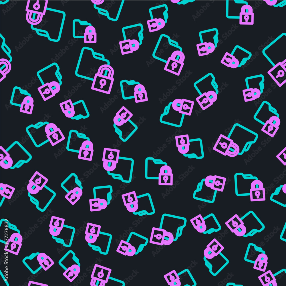 Poster line folder and lock icon isolated seamless pattern on black background. closed folder and padlock. 