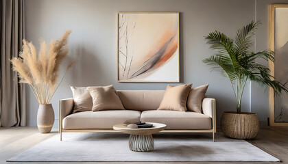 Fototapeta na wymiar Soft gray walls frame a modern oasis with a beige sofa and abstract art, creating a calm, inviting atmosphere.