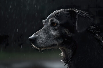 Sad dog standing in the rain emotional scene
