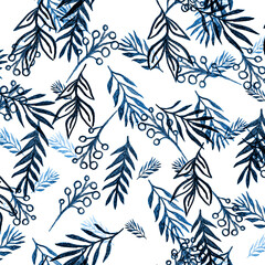 Tropical Leaves Sketch. Blue Invitation Eco. Indigo Tropical Palm Leaves Patterns. Botanical Wallpaper. Tea Pattern Watercolor. Aqua Palm Texture Illustration. Exotic Card.
