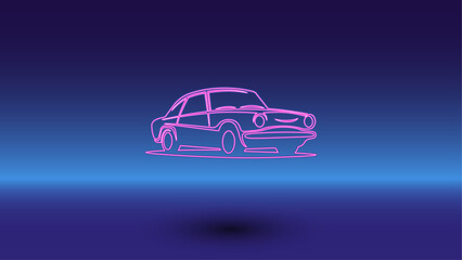 Fototapeta premium Neon vintage car symbol on a gradient blue background. The isolated symbol is located in the bottom center. Gradient blue with light blue skyline