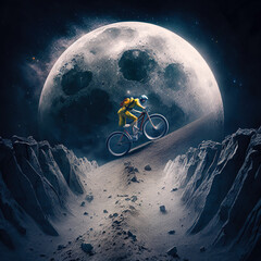  A cyclist rides a bicycle through the mountains in space. Generated AI. The concept of the development of life, tourism and recreation in space. Fictional illustration of the future.