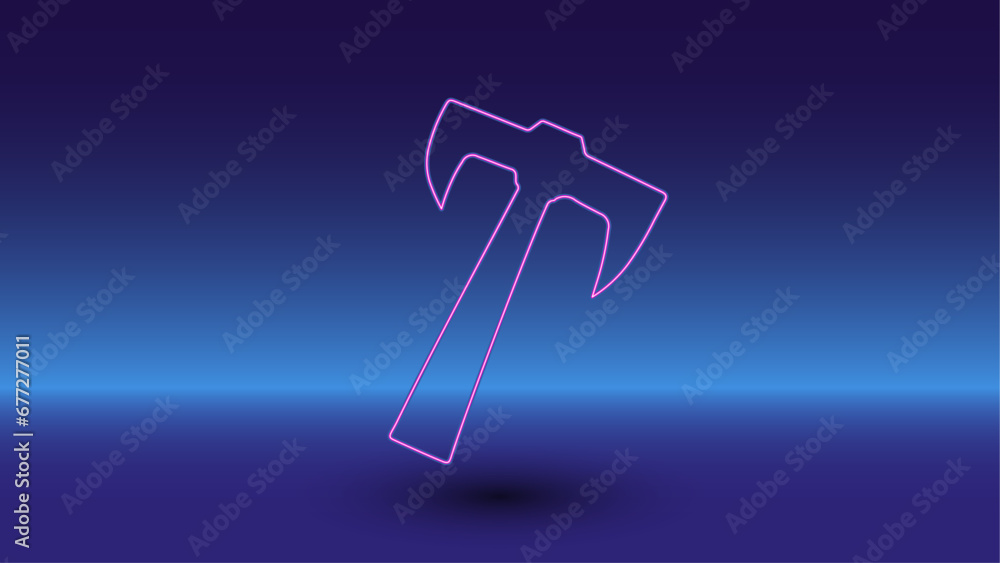 Poster neon axe symbol on a gradient blue background. the isolated symbol is located in the bottom center. 