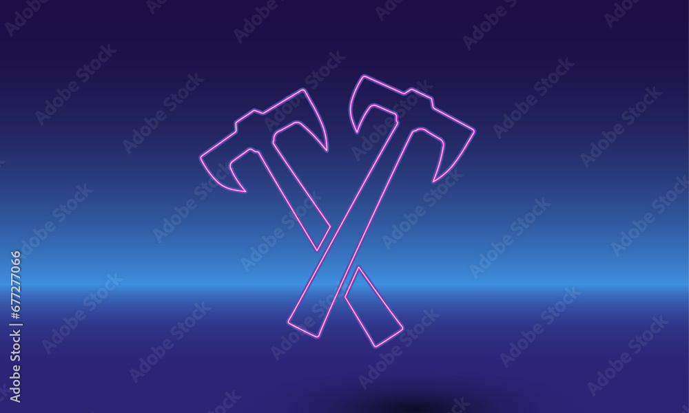 Poster neon crossed axes symbol on a gradient blue background. the isolated symbol is located in the bottom