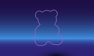 Neon teddy bear symbol on a gradient blue background. The isolated symbol is located in the bottom center. Gradient blue with light blue skyline
