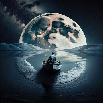 A man sails in a boat on a lake in space against the backdrop of the moon. Generated AI. The concept of the development of life, tourism and recreation in space. Fictional illustration of the future