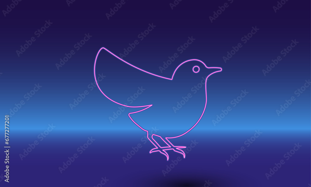 Poster neon bird symbol on a gradient blue background. the isolated symbol is located in the bottom center.