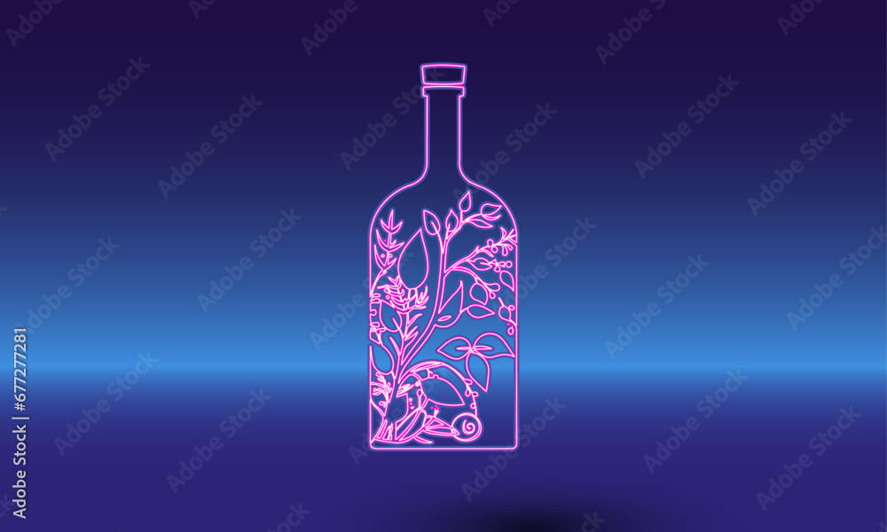 Poster neon a branch in a bottle symbol on a gradient blue background. the isolated symbol is located in th