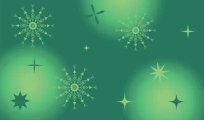 Fotobehang  New Year's green background with snowflakes and stars y2k. Vector illustration, EPS 10. © Sun_Rise