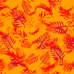 Fototapeta premium Pattern Banana Leaves. Orange Tropical Illustrations. Autumn Palms Leaf. Palm Trees Wallpaper. Brown Tropical Background Plants. Invite Paradise. Vintage Hawaii Print.