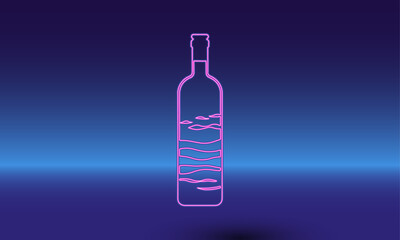 Neon the world in a bottle symbol on a gradient blue background. The isolated symbol is located in the bottom center. Gradient blue with light blue skyline
