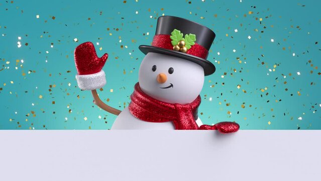 3d snowman waving hand, looking out the wall, holding blank banner. Gold confetti falling. Happy New Year. Merry Christmas animated greeting card with copy space. Winter holiday background