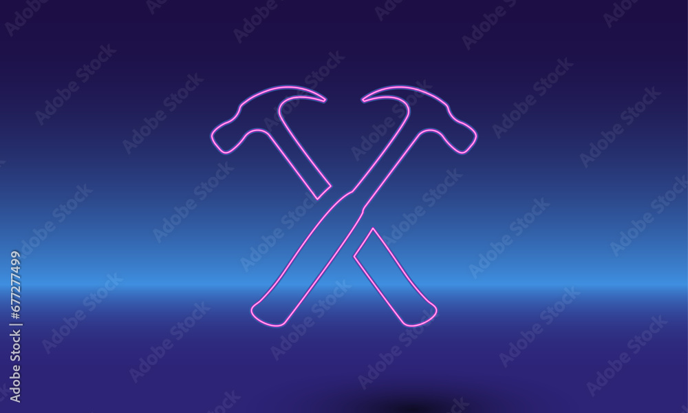 Poster neon crossed hammers symbol on a gradient blue background. the isolated symbol is located in the bot