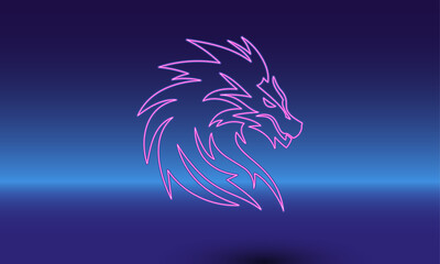 Neon dragon's head symbol on a gradient blue background. The isolated symbol is located in the bottom center. Gradient blue with light blue skyline