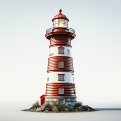 A red and white lighthouse on a small island, clipart on white background. © Friedbert