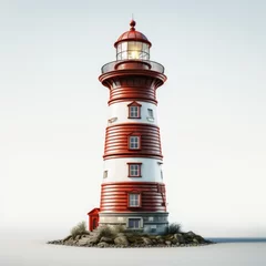 Rolgordijnen A red and white lighthouse on a small island, clipart on white background. © Friedbert