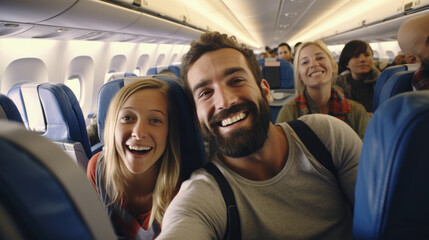 Families pose for a selfie as they settle into their airplane seats