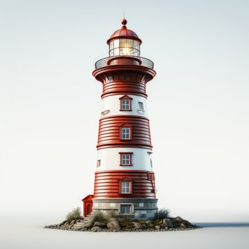 A red and white lighthouse on a small island, clipart on white background.