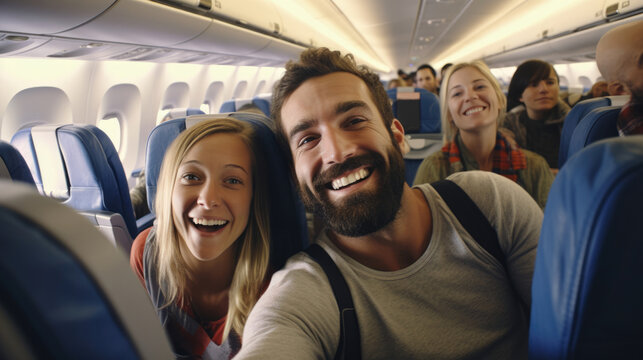 Families pose for a selfie as they settle into their airplane seats