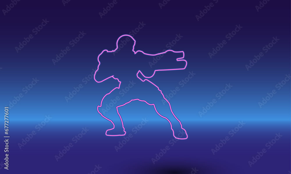 Poster neon combat robot symbol on a gradient blue background. the isolated symbol is located in the bottom