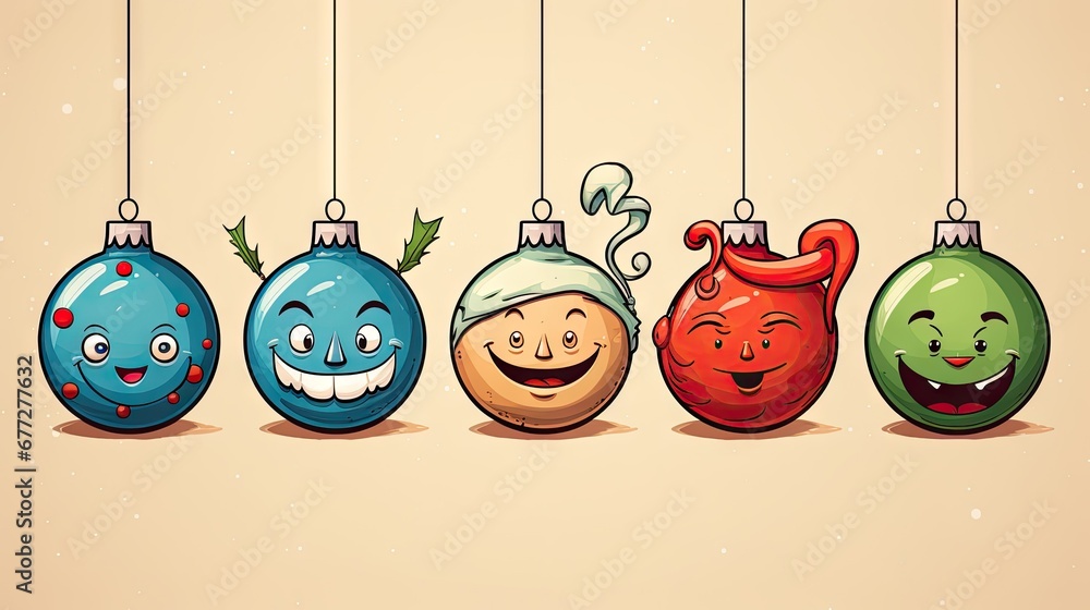 Poster  a row of christmas ornament hanging from strings with faces drawn on them and smiling faces drawn on each ornament, on a beige background with space for text.  generative ai