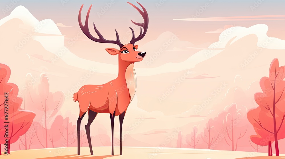 Poster a deer standing in the middle of a field with trees and mountains in the background with snow on the