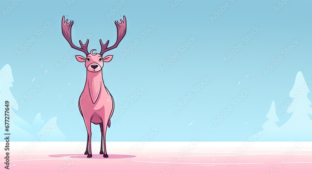 Poster a pink deer standing in the middle of a snow covered field with pine trees in the background and a b