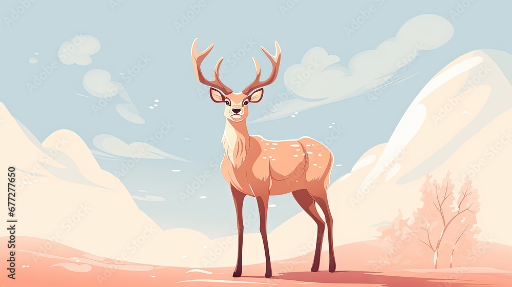 Poster a deer is standing in the middle of a desert area with a mountain in the back ground and clouds in t