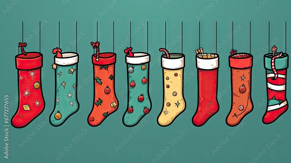 Poster a row of christmas stockings hanging from a line on a blue background with stars and snowflakes hang